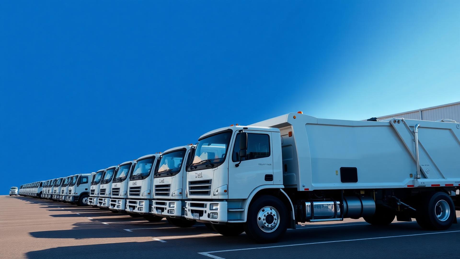 Lineup of new Heil refuse trucks on a dealership sales lot