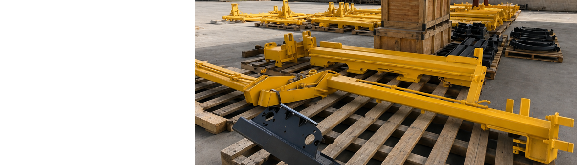 Yellow refuse truck equipment and parts staged on wooden pallets at the PT&E yard